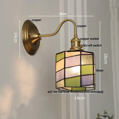 Vintage-style copper wall sconce with pastel stained glass shade in decorbites cube led wall bedroom light design
