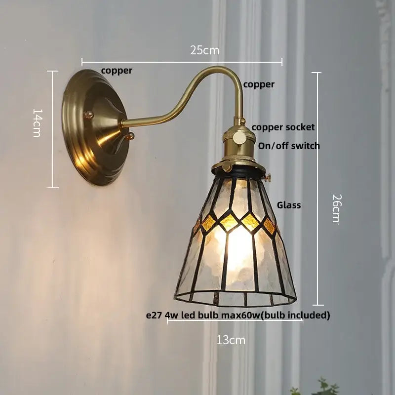 Antique brass copper wall sconce with retro red tulip stained glass cube led shade for bedroom decorbites cube led wall use