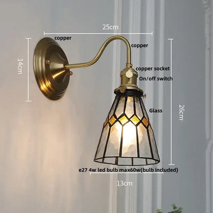 Antique brass copper wall sconce with retro red tulip stained glass cube led shade for bedroom decorbites cube led wall use