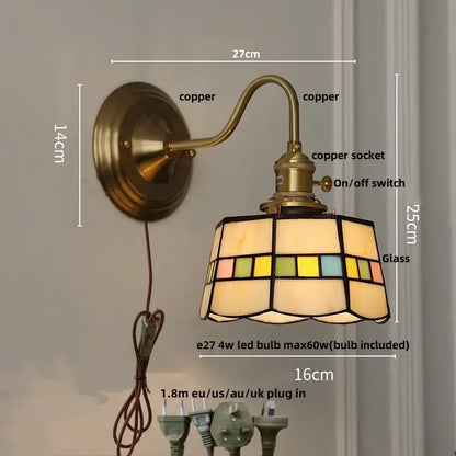 Antique brass-finished copper wall sconce with retro red tulip stained glass cube led wall light for bedroom decorbites cube led