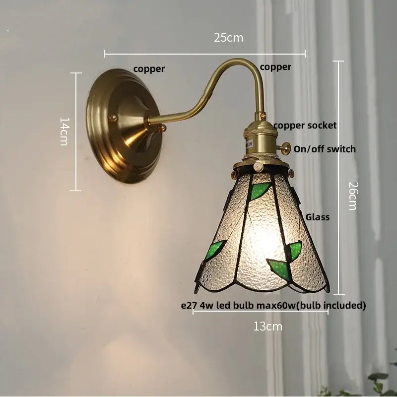 Vintage-style copper wall sconce with textured glass shade and green leaf motifs for decorbites cube led wall lighting