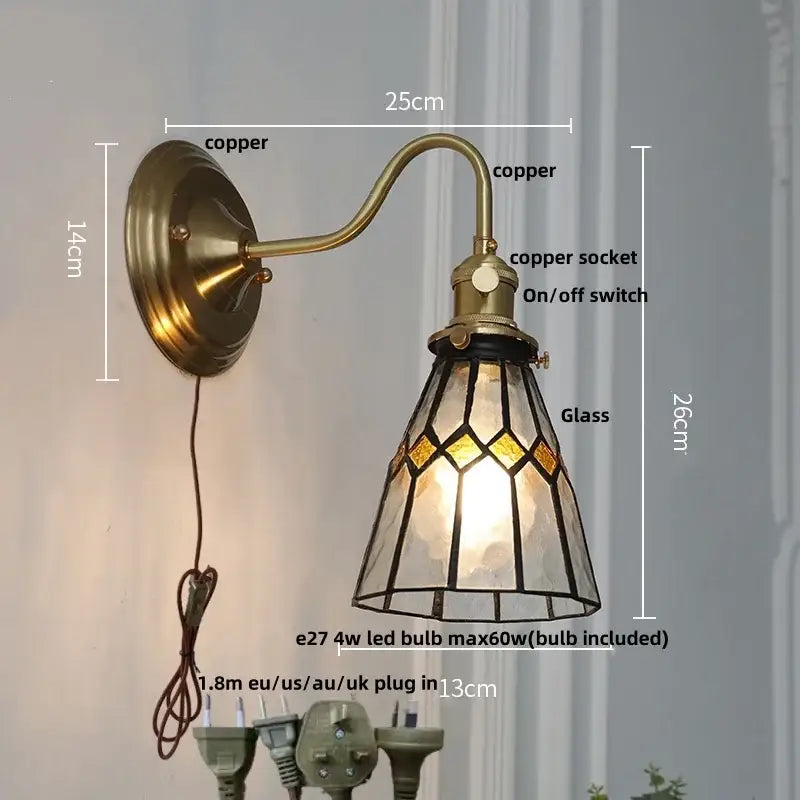 Antique-style copper wall sconce with amber geometric stained glass shade for retro red tulip cube led wall decorbites cube led