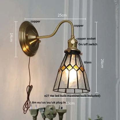 Antique-style copper wall sconce with amber geometric stained glass shade for retro red tulip cube led wall decorbites cube led