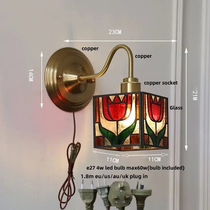 Copper wall sconce with retro red tulip stained glass decorbites cube led bedroom light cube led wall fixture