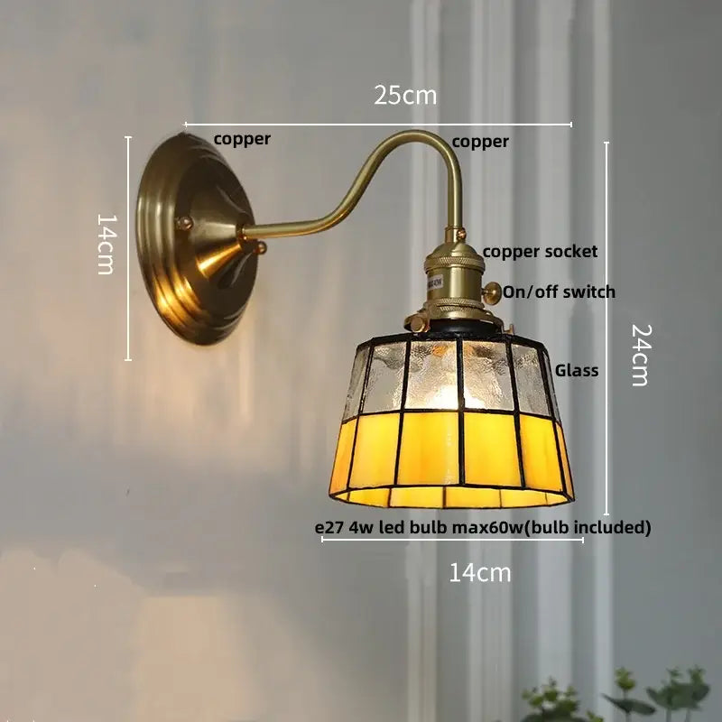 Vintage-style copper wall sconce with amber and clear stained glass shade for retro red tulip decorbites cube led wall use