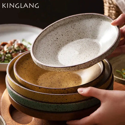 Retro speckled beige ceramic round plate set featuring decorbites ceramic round plate in earthy matte tones