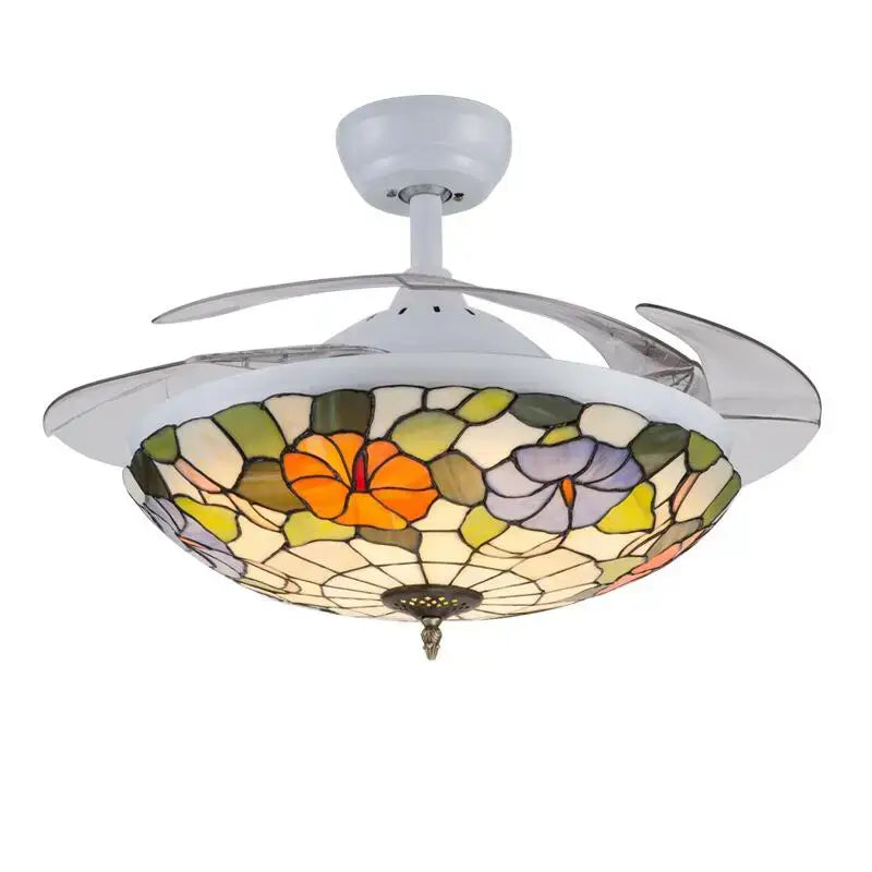 White retro stained glass ceiling fan with colorful floral light fixture and remote control for dining room use