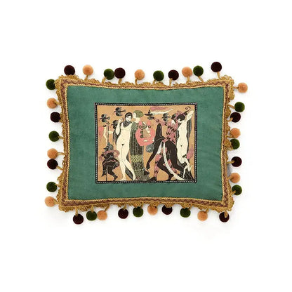 Retro teal velvet cushion cover featuring an art deco embroidered garden scene with gold fringe and pom-poms for decorbites american luxe