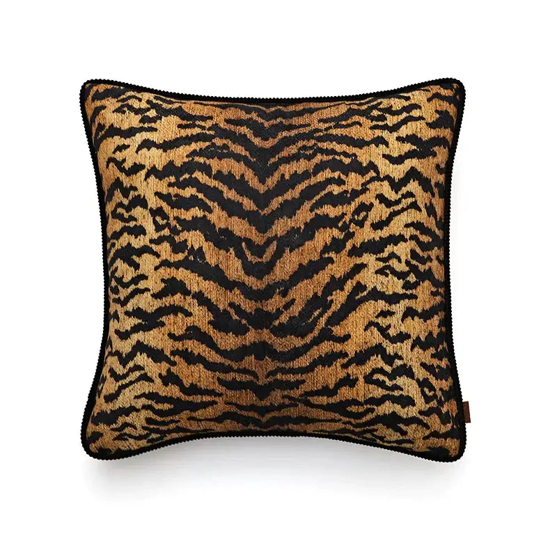 Square cushion cover with bold golden brown tiger stripes, textured fabric, and dark border for decorbites American Luxe retro decor