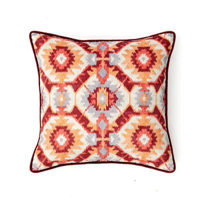 Square throw pillow with intricate red orange cream geometric pattern and burgundy border for decorbites american luxe retro cushion covers