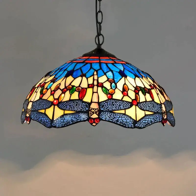 Retro tiffany style colorful glass chandelier pendant light with vibrant dragonfly design in blue yellow and red hues decorbites colorful glass