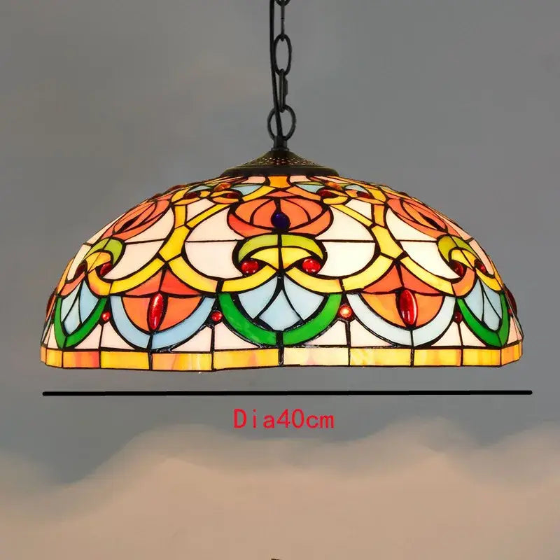 Retro tiffany style colorful glass chandelier featuring a vibrant dome-shaped stained glass pendant with floral patterns