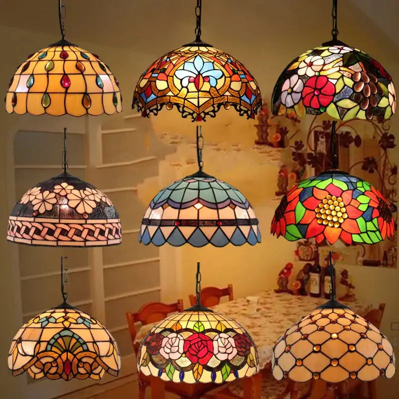 Retro tiffany style colorful glass chandelier pendant with vibrant floral and geometric leaded glass decorbites colorful glass