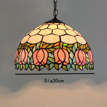Retro tiffany style colorful glass chandelier pendant with peach flowers and green leaves decorbites colorful glass design