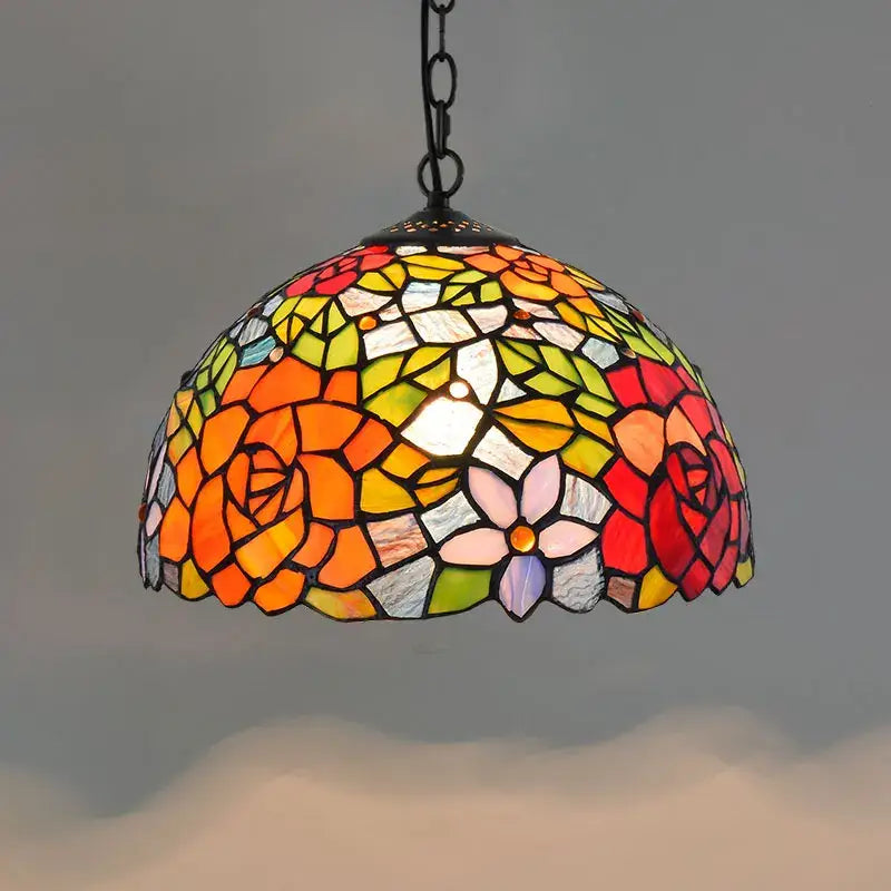 Retro tiffany style colorful glass chandelier dining room pendant with vibrant floral stained glass design by decorbites colorful glass