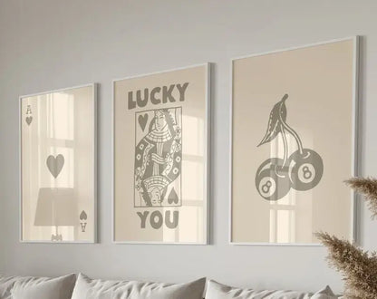 DecorBites™ retro wall art posters set queen of hearts theme with minimalist playing card and lucky charm designs on beige backgrounds