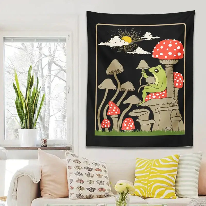 Retro whimsical black cute frog tapestry bedroom wall hanging with green frog on mushroom for decorbites cute frog decor