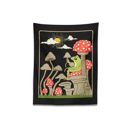 Retro whimsical black cute frog tapestry wall hanging featuring cartoon frog on mushrooms with red spotted toadstools decorbites cute frog decor