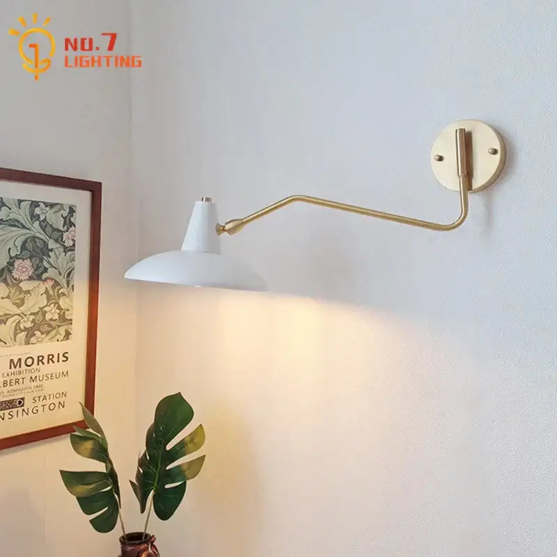 Retro white and gold swing arm wall lamp with white conical shade and brass articulated arm for bedroom reading decorbites copper swing