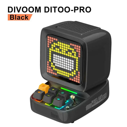 Black divoom ditoo-pro pixel art music player with led display board and alarm clock featuring colorful rainbow keys