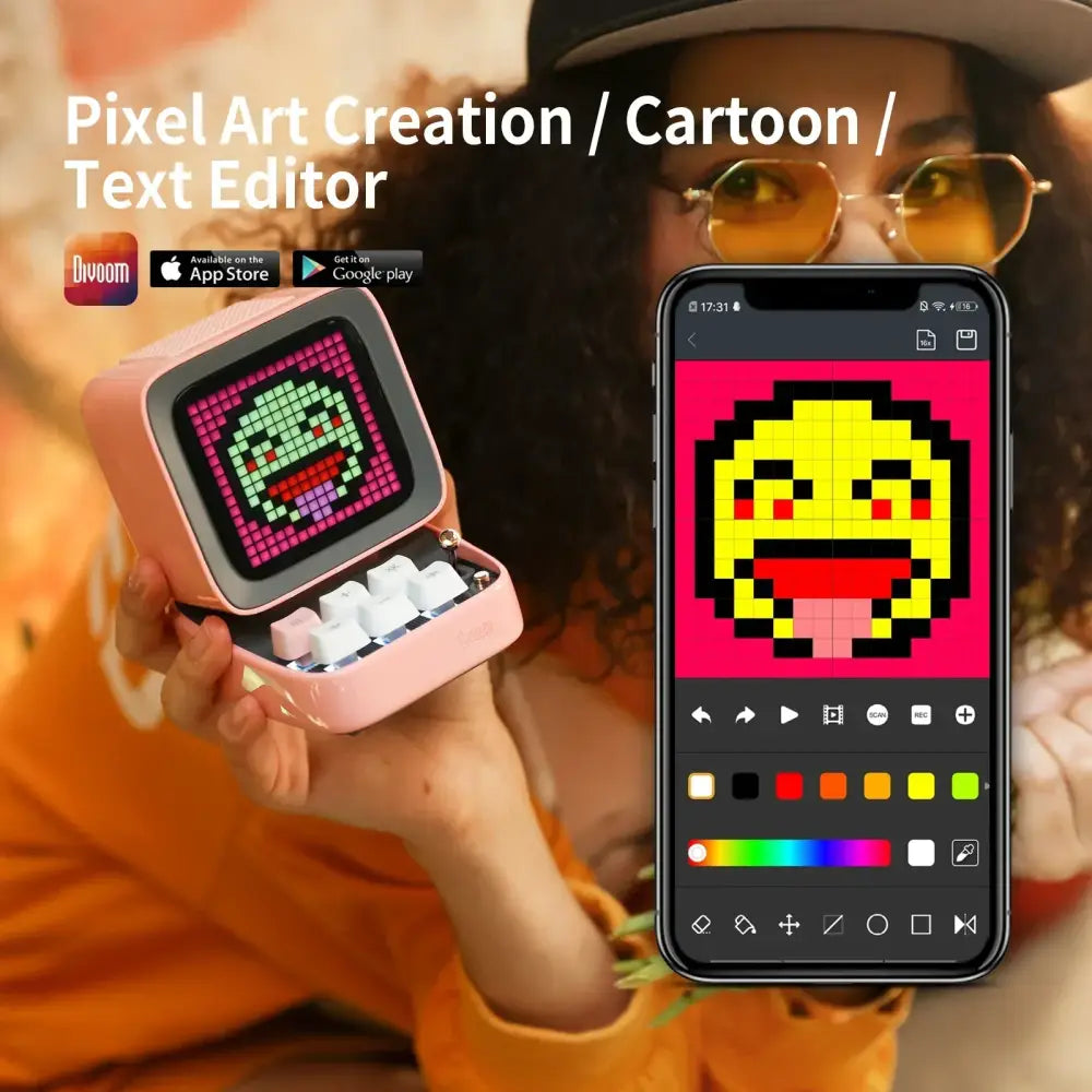 Pink dovoom pixel art alarm clock with led display board and white keys in open case showing green cartoon face