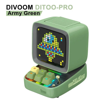 Army green divoom ditoo-pro pixel art bluetooth speaker alarm clock with colorful led display board and rainbow keys