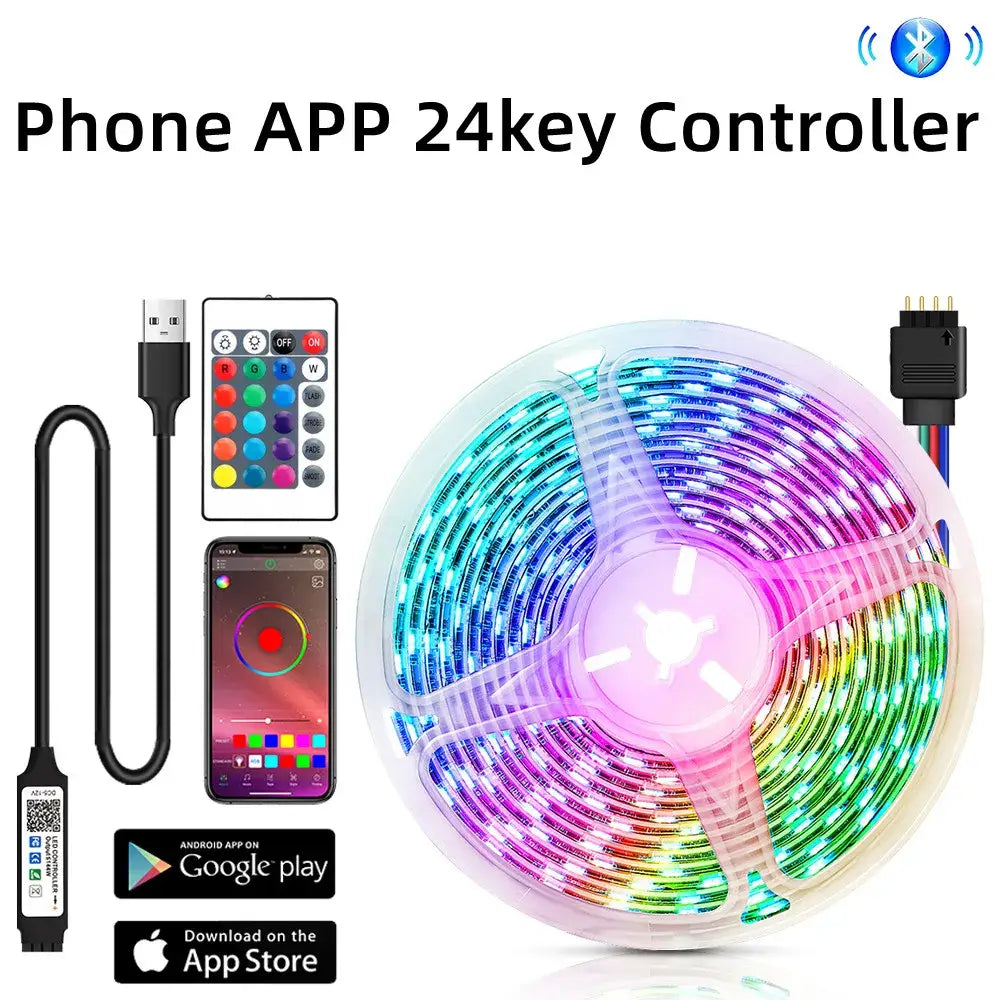 Rgb bluetooth led strip lights in black and blue with flexible rainbow-colored strip lights and 24-key remote app control