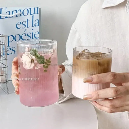 Clear ribbed glass coffee cup tumbler set by decorbites designed for stylish clear glass coffee serving