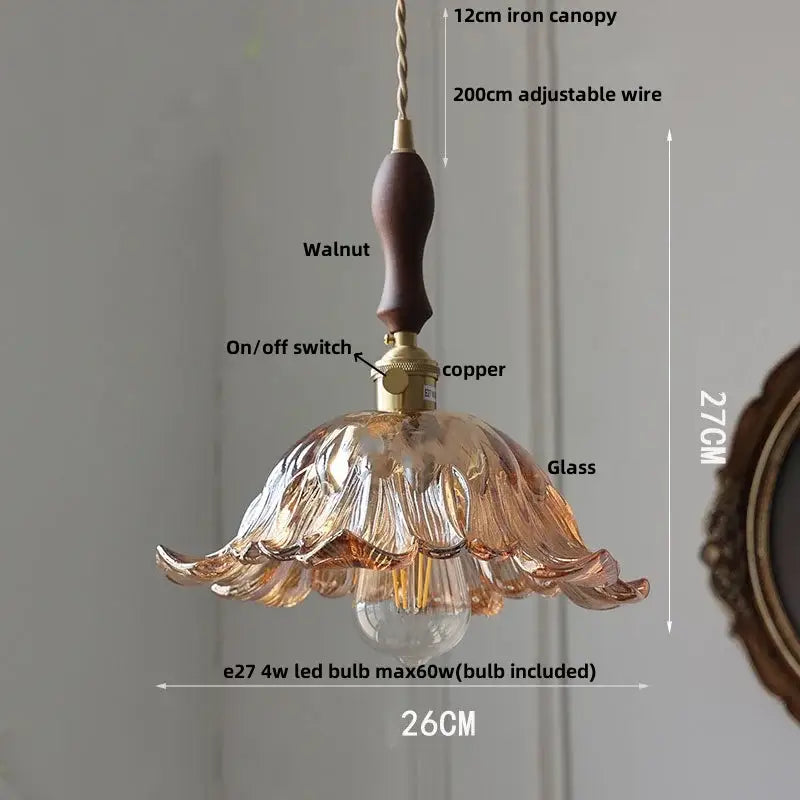 Delicate amber glass pendant light with walnut iron canopy copper accents and adjustable 200cm wire by decorbites clear glass led