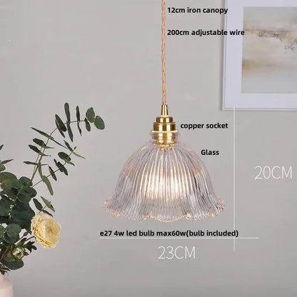 Clear ribbed glass led pendant light with brass copper socket and adjustable wire for dining room decorbites clear glass