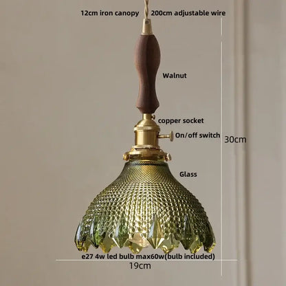 Vintage-style pendant light with textured olive-green glass shade brass copper socket switch and walnut wood handle decorbites clear glass