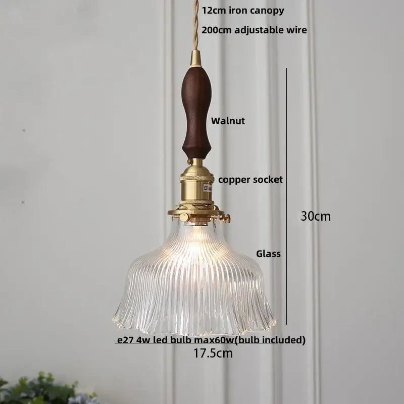 Clear glass led pendant light with ribbed glass shade, brass copper socket, and dark walnut wooden canopy decorbites clear glass