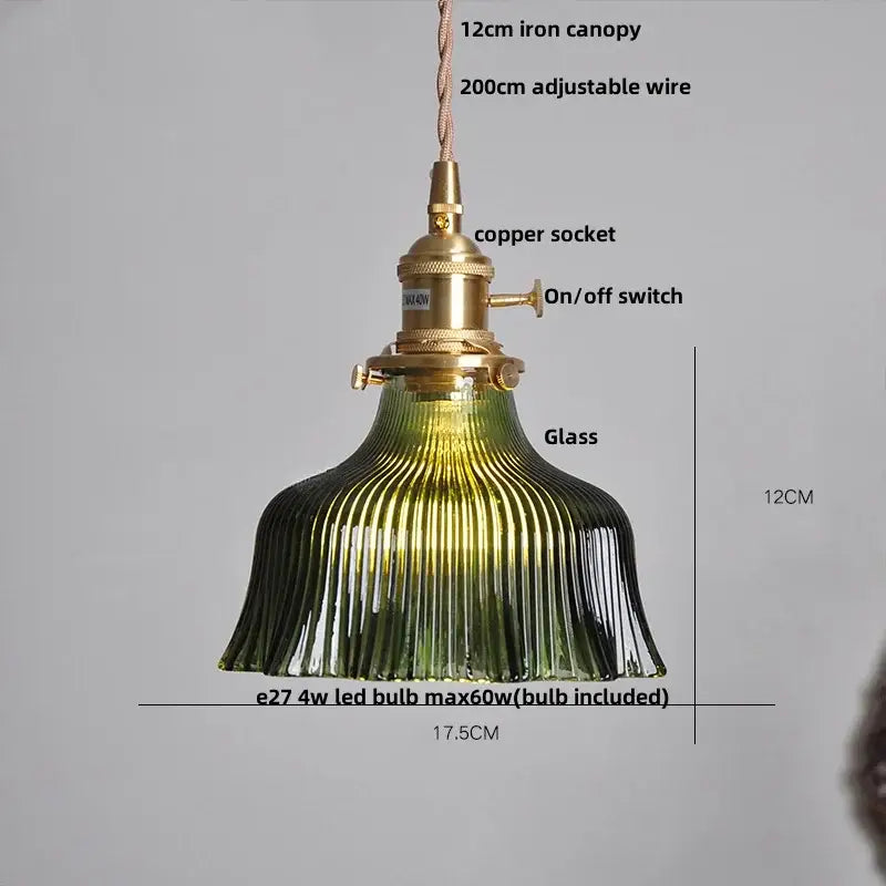 Vintage-style pendant light with fluted green glass shade, brass copper socket, and clear glass led brass dining room decorbites knob switch