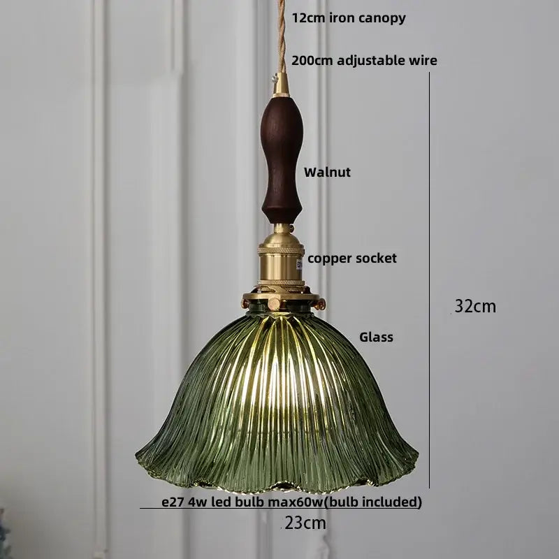 Vintage pendant light with dark walnut iron canopy brass copper socket and olive green ribbed glass shade decorbites clear glass