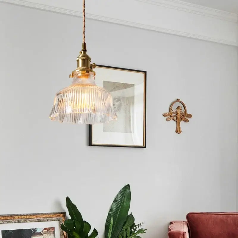 Antique brass pendant light with a clear ribbed glass led shade for dining room decorbites clear glass design