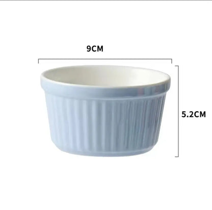 Light blue ribbed ceramic baking bowl with white interior from decorbites ceramic baking ramekin set