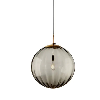 Spherical ribbed colorful glass ball pendant light with warm metal fixture and exposed bulb for living room decorbites pendant lamp