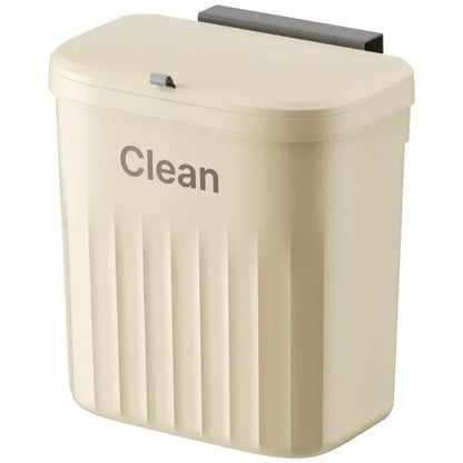 Cream-colored ribbed kitchen cabinet hanging trash bin with black magnetic lid for decorbites kitchen cabinets