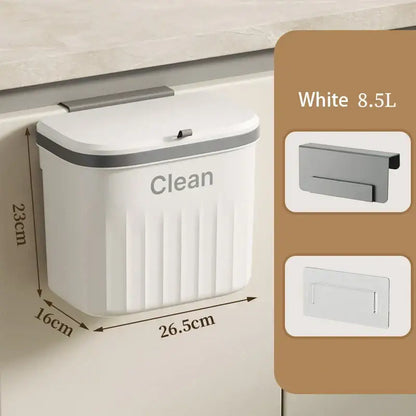 White ribbed kitchen cabinet hanging trash bin with gray trim labeled clean for decorbites kitchen cabinets