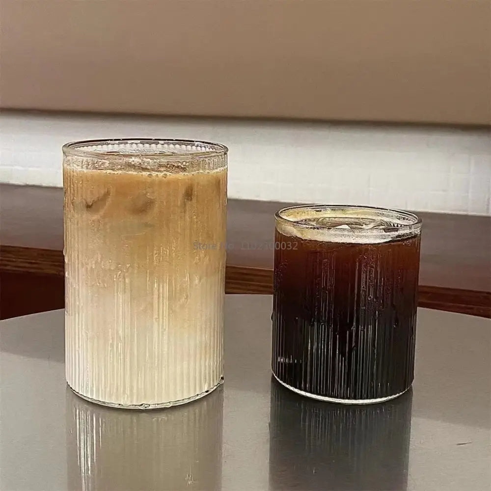 Two ribbed frosted and clear glass cups from decorbites clear glass coffee set with creamy iced coffee and dark espresso