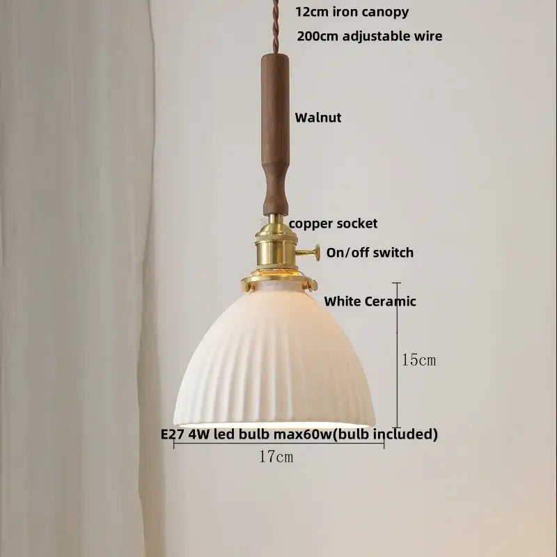 White ceramic led pendant lamp with ribbed design walnut iron canopy and copper socket for dining room decorbites ceramic led