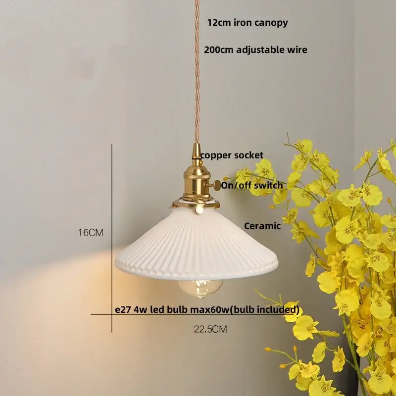 White ceramic led pendant lamp with fluted conical shade and brass finish for dining room decorbites ceramic led lighting