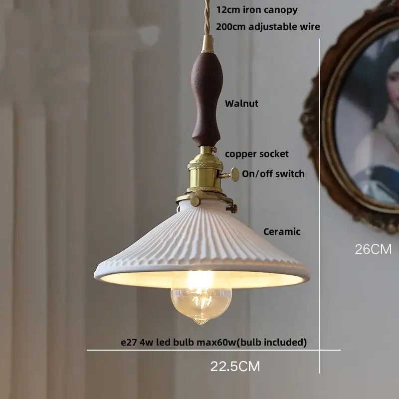 White ceramic led pendant lamp with fluted design, walnut iron canopy, and brass copper socket for dining room decorbites ceramic led