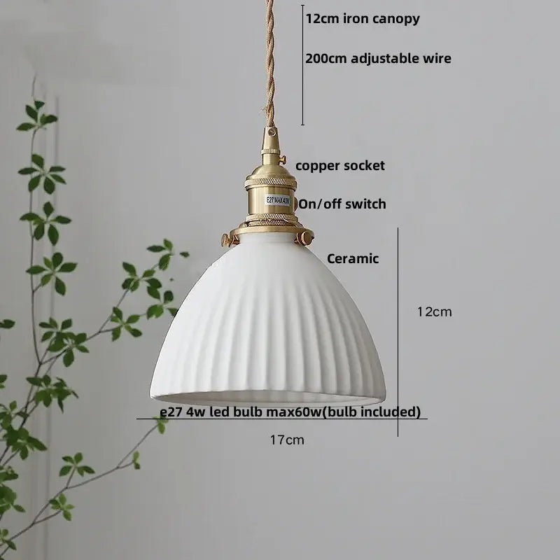 White ceramic led pendant lamp with fluted ribbed design and brass metal components for dining room decorbites ceramic led