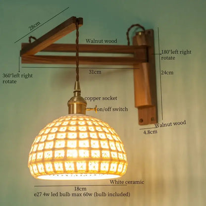 Warmly glowing white ceramic led wall sconce with ribbed glass shade and walnut wood mount for bedroom decorbites ceramic led