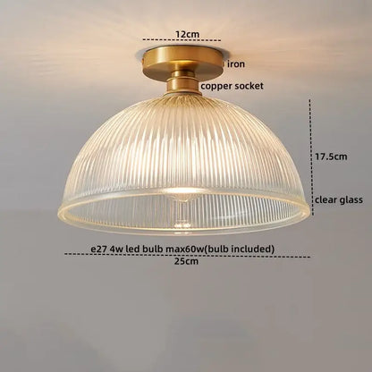 Vintage-style ribbed glass copper led ceiling light with brass iron base and clear glass shade for dining room chandelier