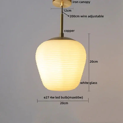 Warmly glowing ribbed glass copper led pendant chandelier with iron canopy and adjustable wire for dining room lighting