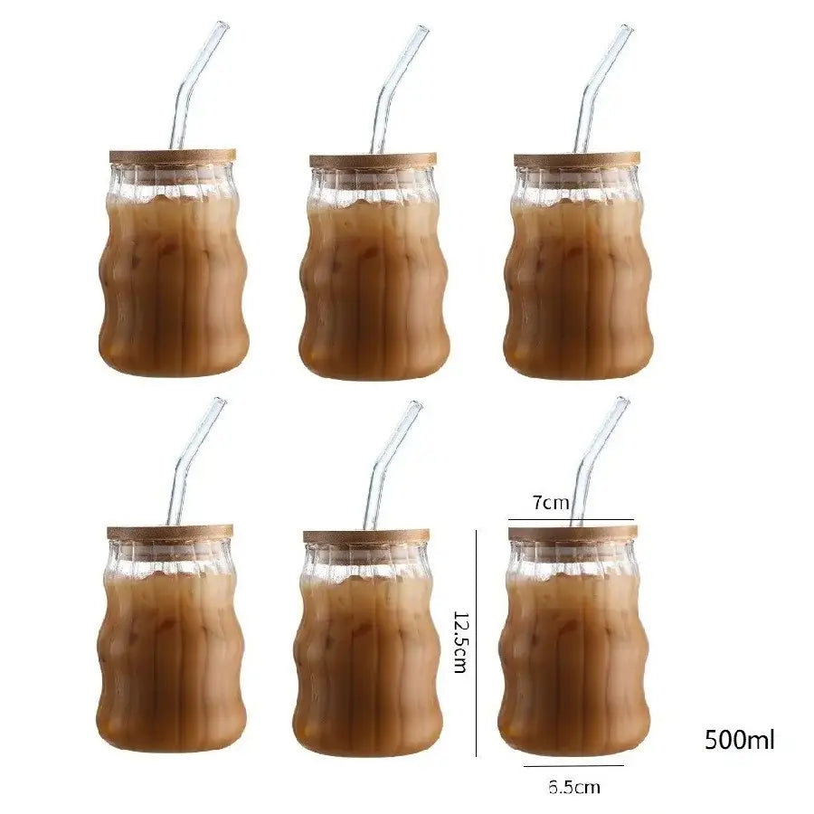 Ribbed glass cup set with bamboo lids and curved glass straws holding 500ml iced coffee for dining room decorbites glass cup