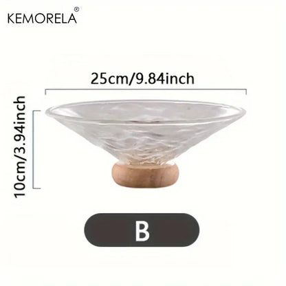Clear ribbed glass fruit plate with wooden base by kemorela ideal for living room dining room decorbites creative glass