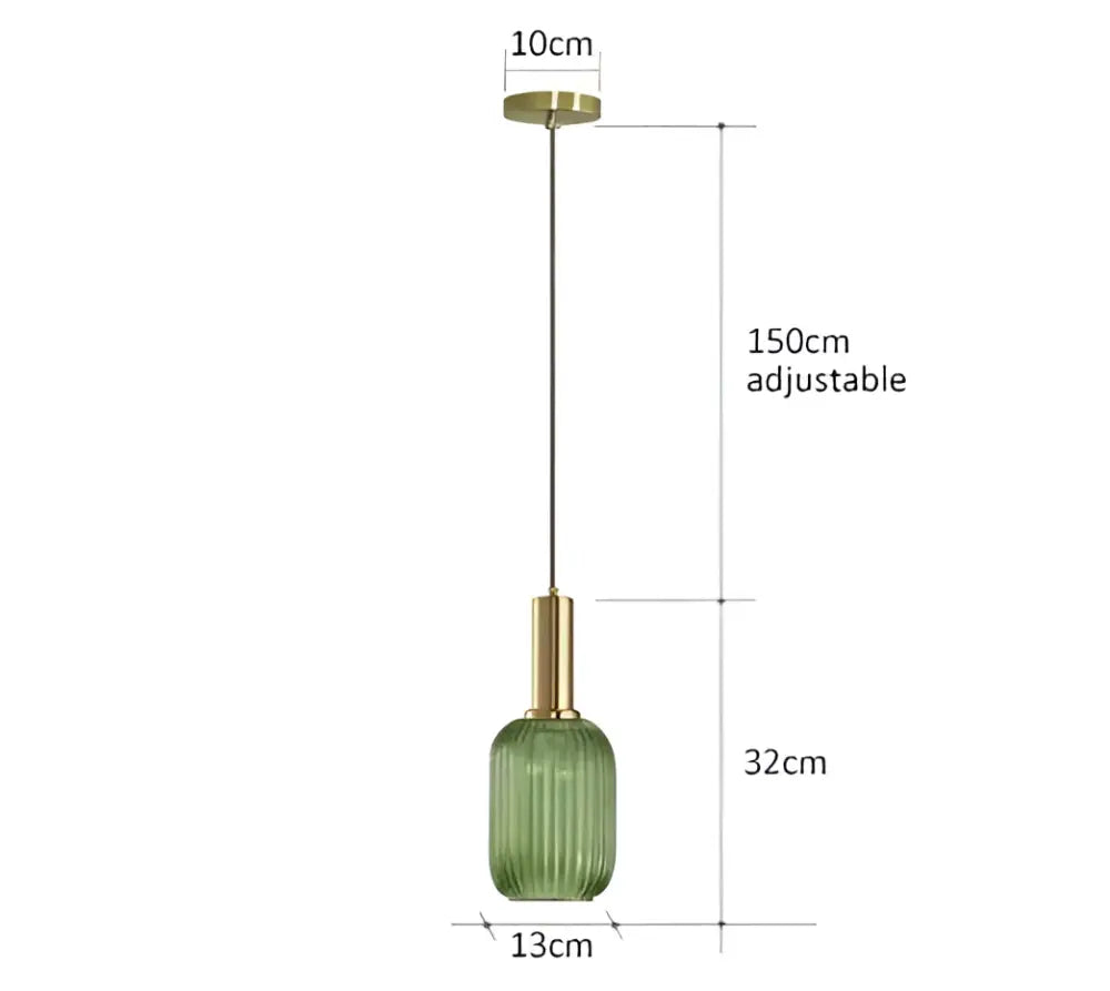 Green ribbed glass pendant light with brass-finished top and adjustable chain for dining room use